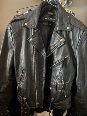 Wilsons Leather Black Biker Motorcycle Jacket Men S Lined Zip Belt Button